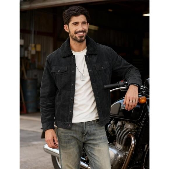 Men's Corduroy Jacket Fleece Sherpa Lined Winter Coats Warm Cotton - Picture 2 of 7